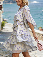 Women’s Light Purple Floral Split Flare Sleeve Tiered Ruffle Chiffon Mini Dress