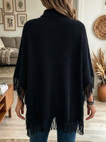 Women's Fringe Trim High Neck Knit Poncho Sweater