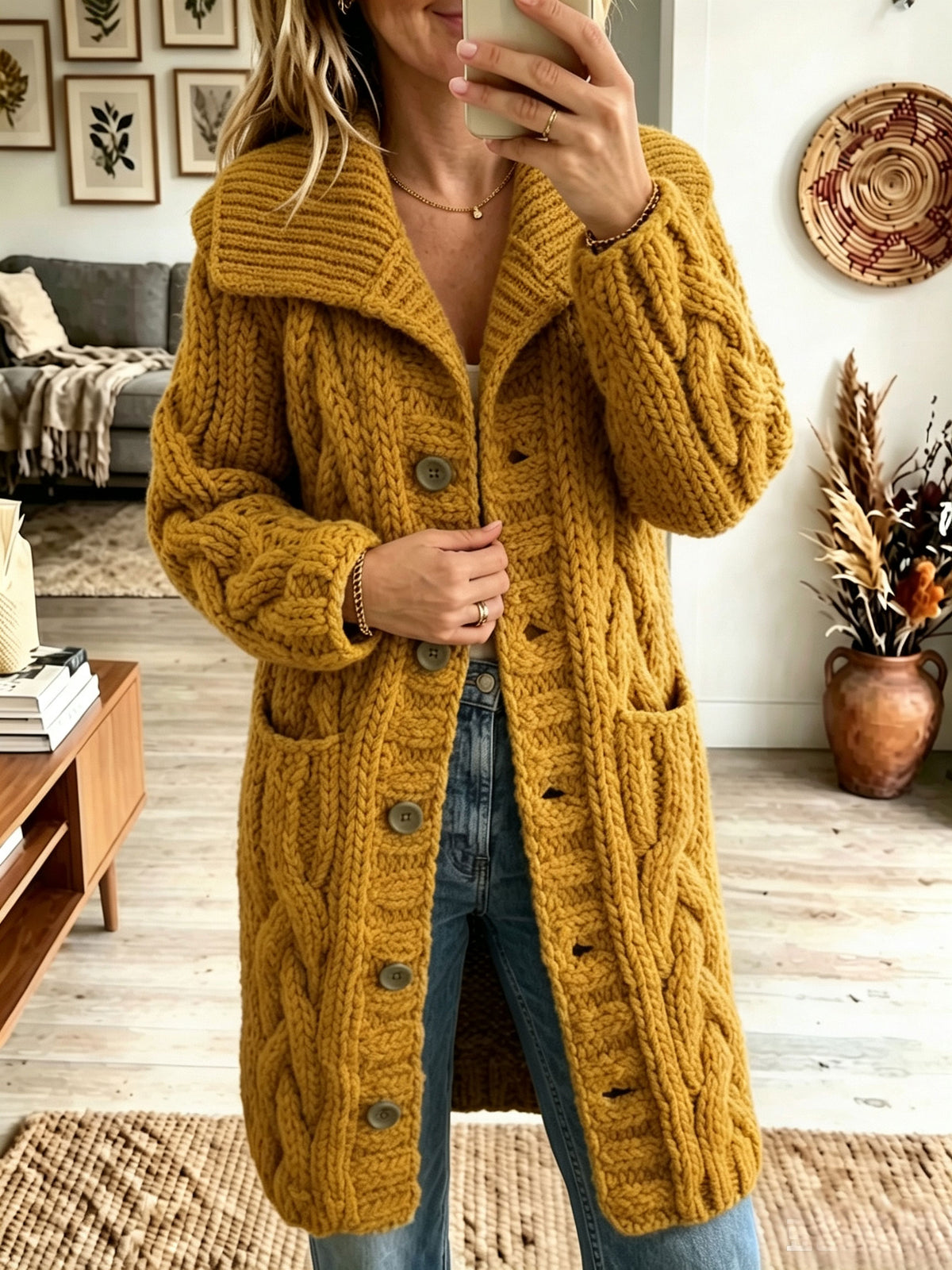 Women Lapel Chunky Cable Knit Cardigan Button‑Front Mid‑Length Sweater Coat