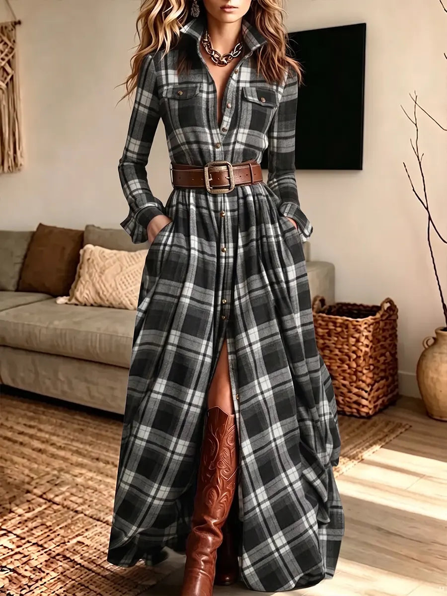 Women's Vintage Elegant Plaid Dress Includes Belt