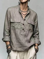 Stand Collar Half Button Pocket Linen Blend Blouse, Women Roll‑Up Long Sleeve Top
