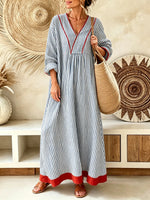 Women’s Blue White Vertical Stripe Red Trim Color Block Thin Geometric Print V-Neck Loose Swing Maxi Dress
