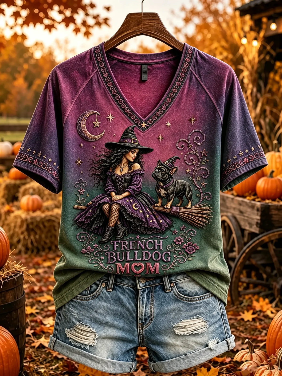 Women's French Bulldog Mom Gothic Witch Graphic T-Shirt