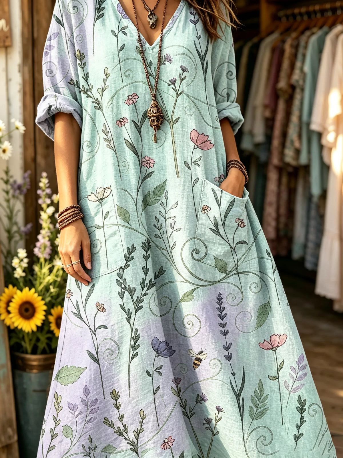 Women's Gradient Watercolor Wild Herb Floral Print V-neck Maxi Dress