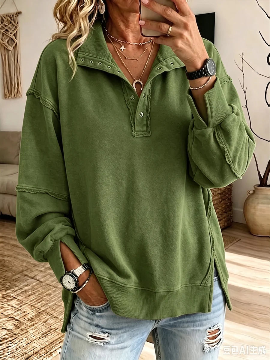 Retro Loose Art Casual Slit Side Stylish Long Sleeve Sweatshirt