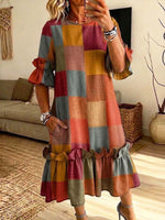 Retro Plaid Pattern Art Print Casual Ruffle Stylish Cotton Linen Dress