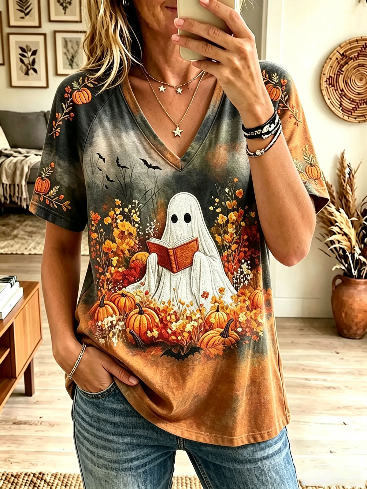 Women Halloween Ghost Reading Pumpkin Tie Dye Raglan V Neck Tee