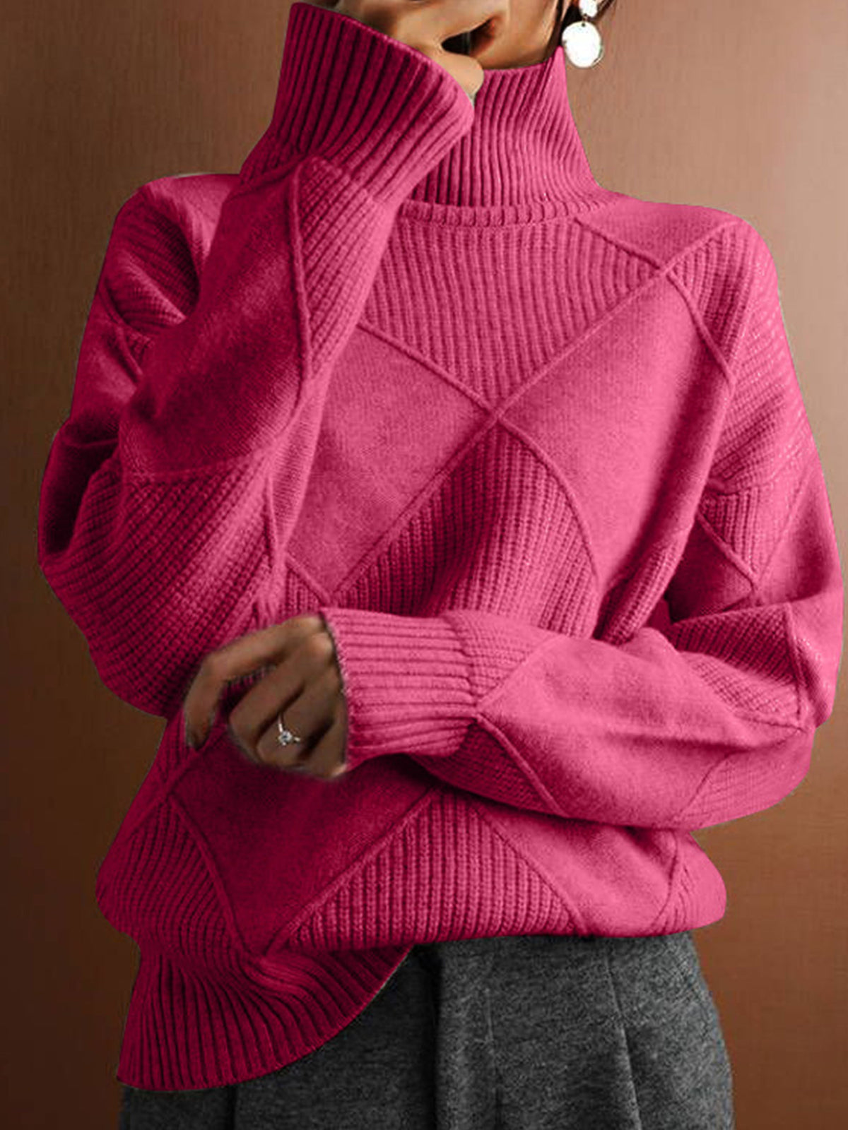 Diamond Cable Knit Turtleneck Sweater Women Loose Long Sleeve Pullover