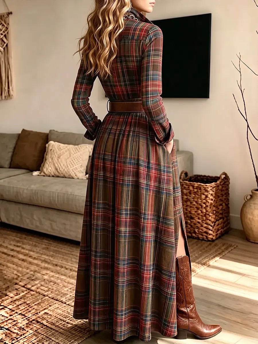 Women's Vintage Elegant Plaid Dress Includes Belt