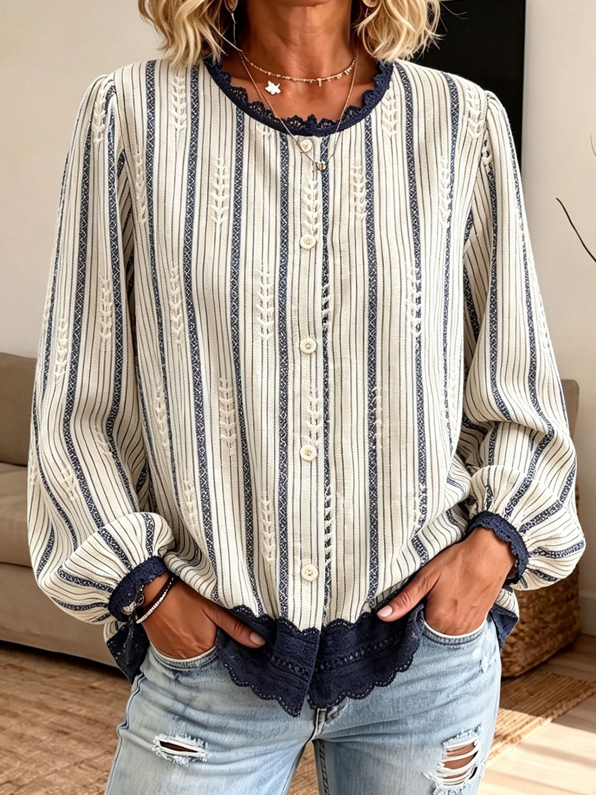 Women Long Puff Sleeve Casual Striped Lace Trim Button Down Blouse Shirt
