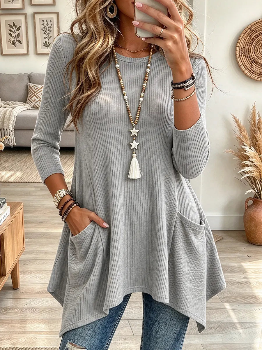 Women's Three-quarter Sleeve Asymmetrical Hem Pocket Top