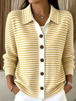 Collared Stripe Button‑Down Knit Cardigan, Women Loose Long Sleeve Pocket Sweater Jacket