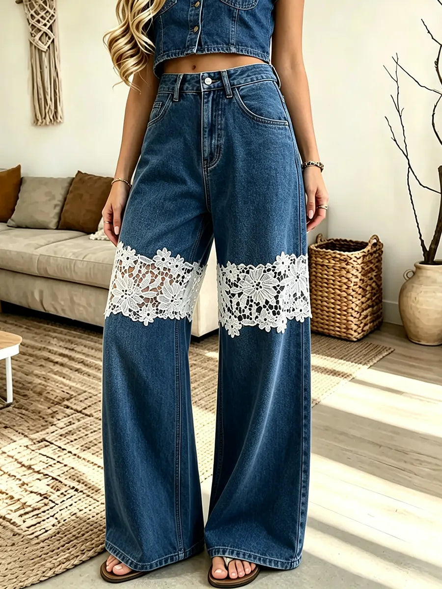 Women’s Lace Patch High-waist Wide-leg Jeans