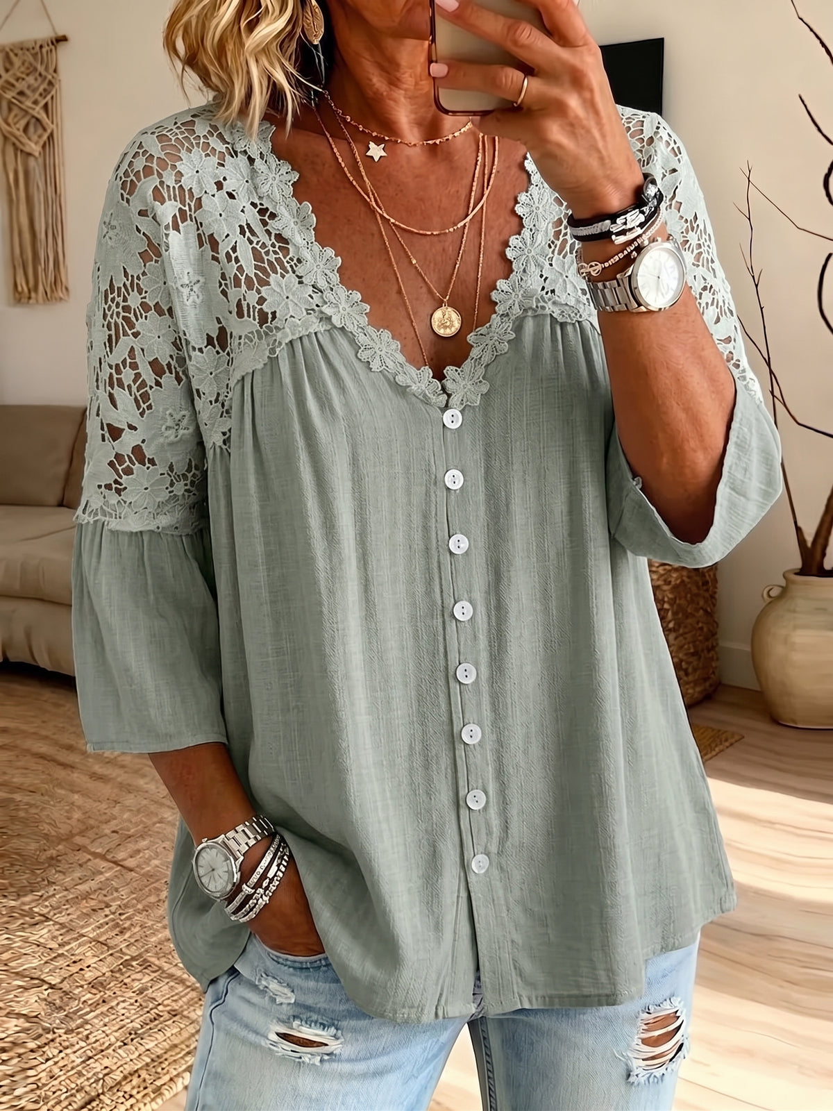 Women V Neck Floral Lace Spliced Button Front 3/4 Sleeve Blouse