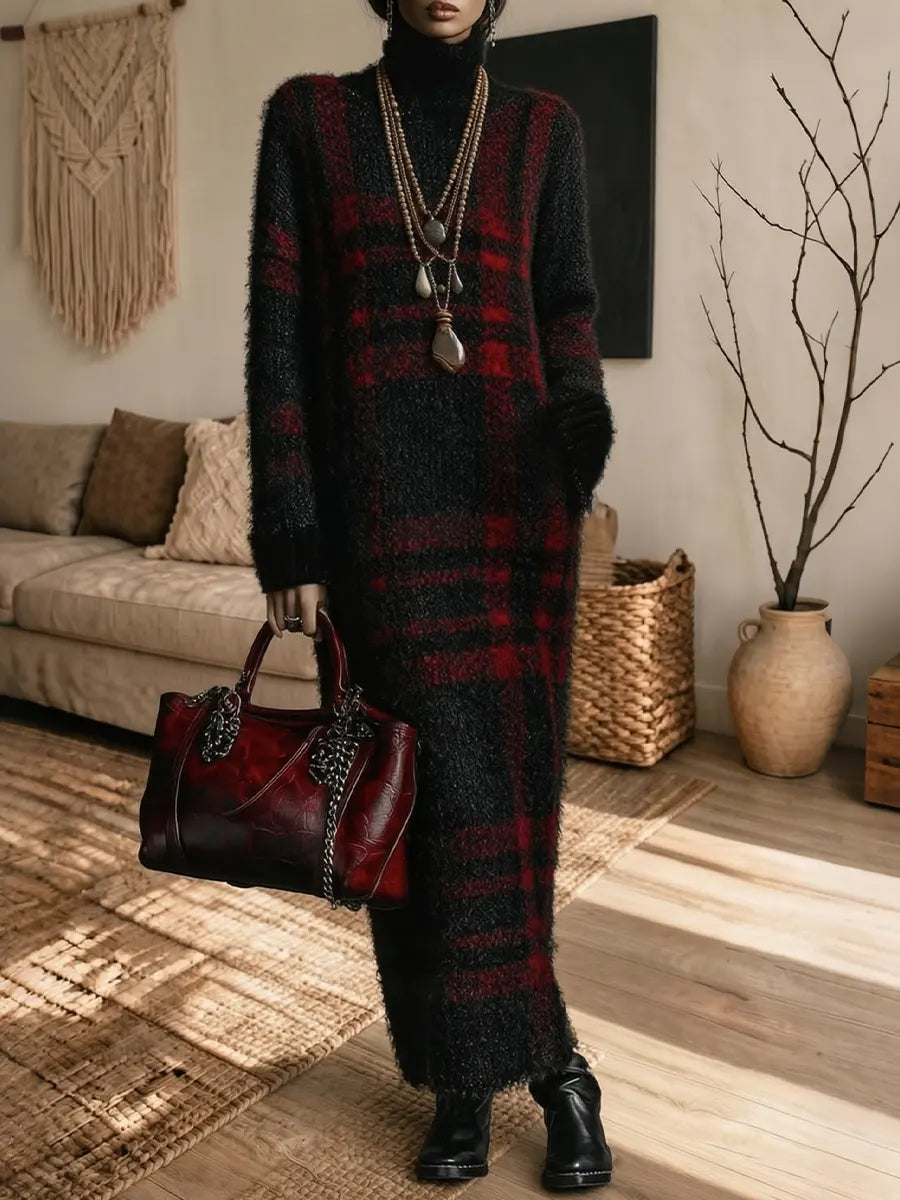 Women's Black And Red Checkered Plush Turtleneck Knitted Maxi Dress