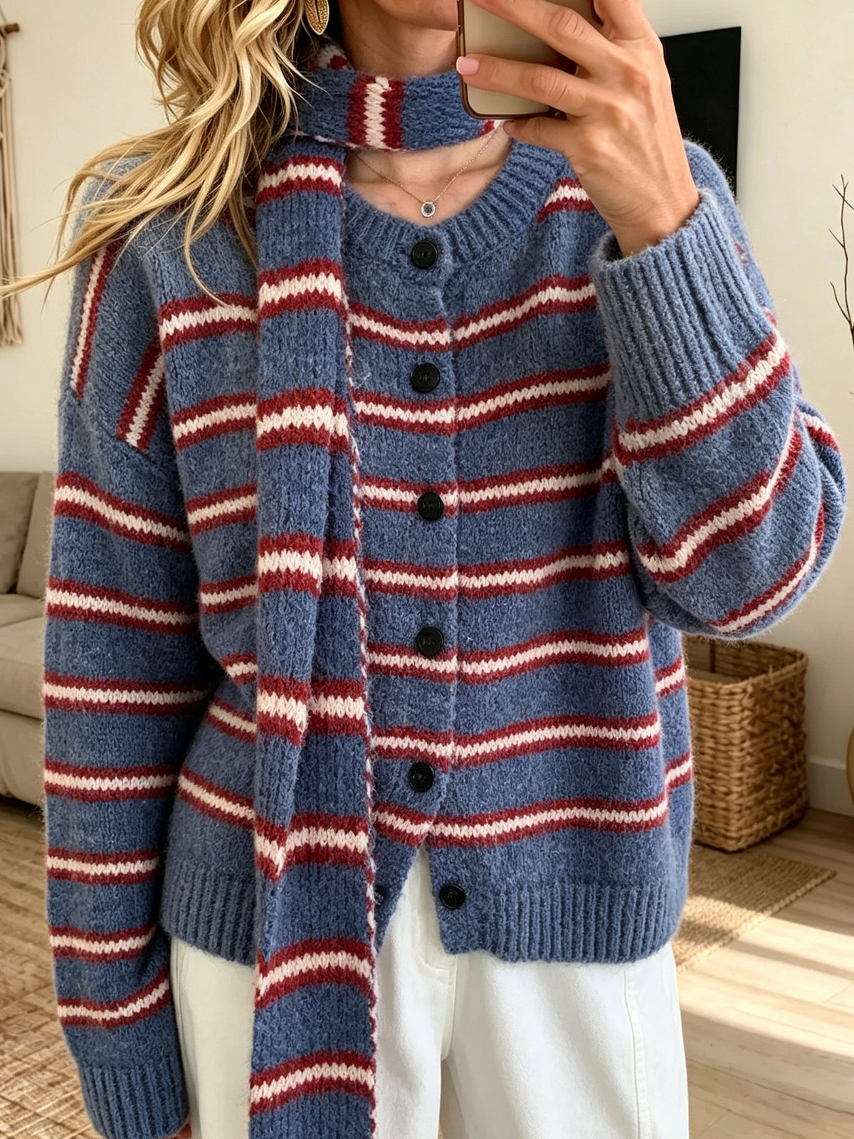 Women Button‑front Loose Striped Knit Cardigan Sweater With Matching Scarf Set,