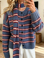 Women Button‑front Loose Striped Knit Cardigan Sweater With Matching Scarf Set,