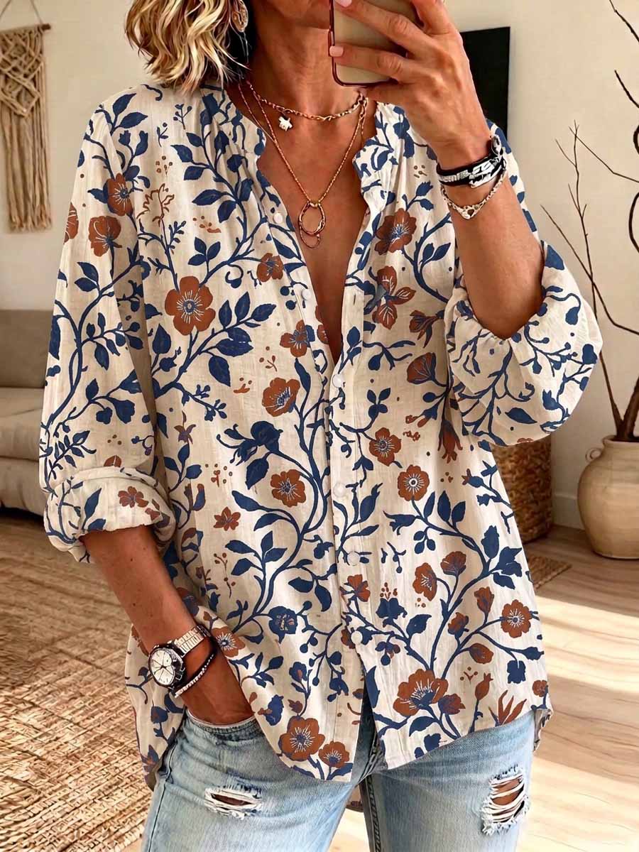 Retro Floral Pattern Art Print Casual Long Sleeve Cotton Linen Shirt