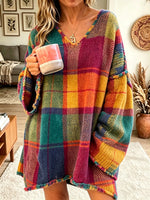 Women's Oversized Plaid V-Neck Knit Sweater
