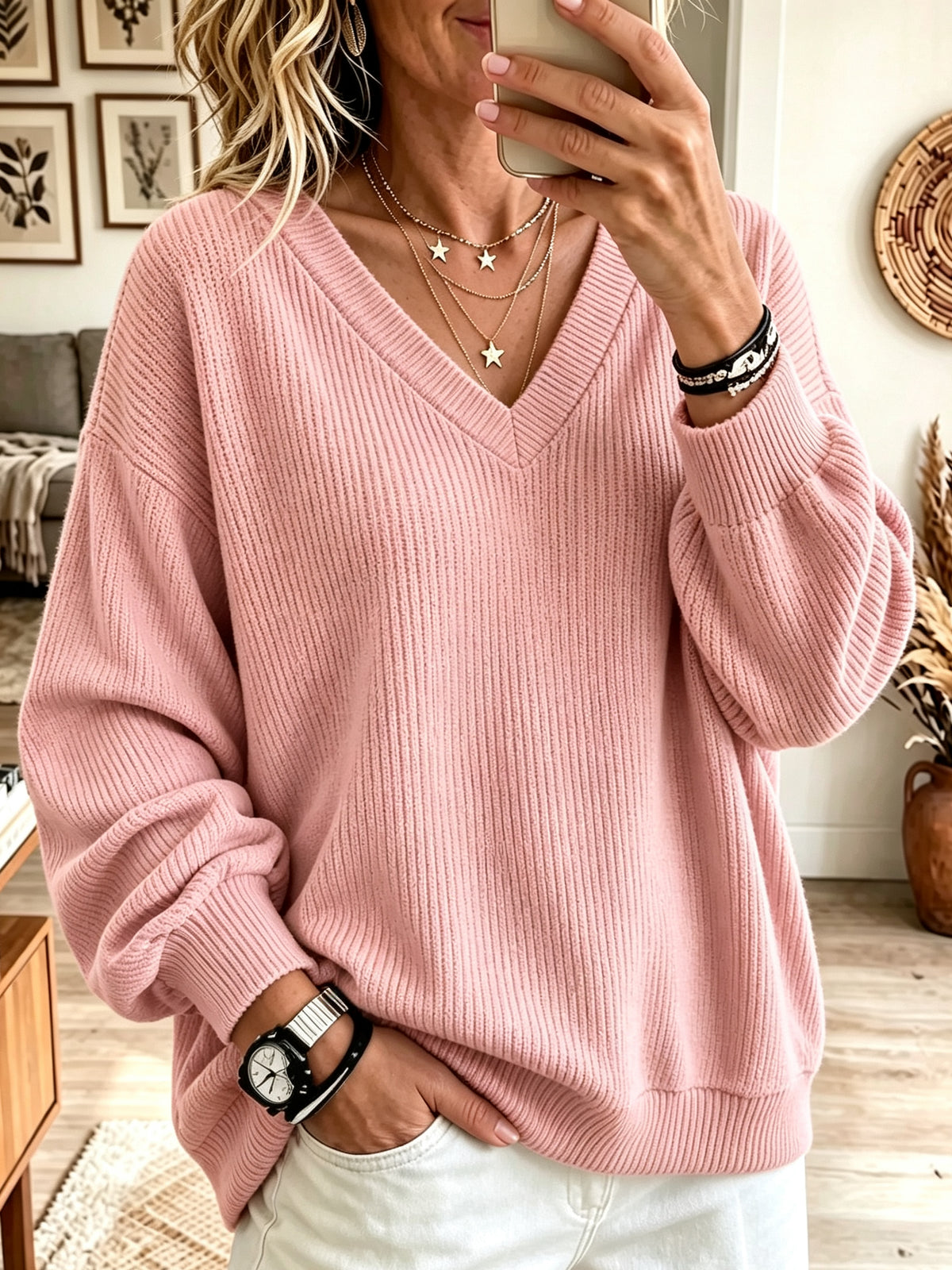 Women's Oversized V-Neck Ribbed Pullover Sweater