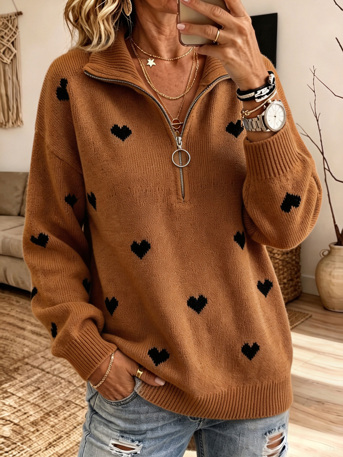 Women Heart Jacquard Half‑Zip Collar Sweater Long Sleeve Loose Knit Jumper