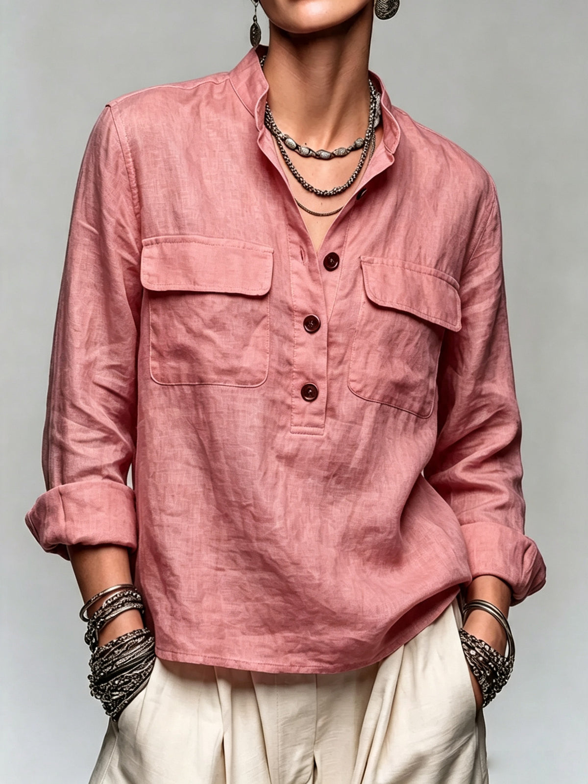 Stand Collar Half Button Pocket Linen Blend Blouse, Women Roll‑Up Long Sleeve Top
