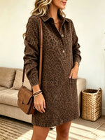 Women's Leopard Print Henley Denim Shirt Dress