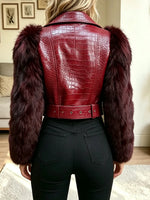 Women's Vintage Fluffy Sleeve Asymmetrical Zipper Cropped Biker Jacket