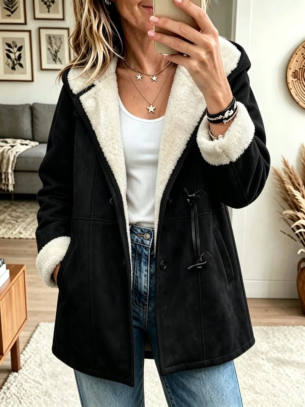 Women's Sherpa Lined Faux Suede Toggle Coat