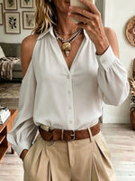 Collared Cold‑Shoulder Button Down Blouse Long Puff Sleeve V‑Neck Shirt