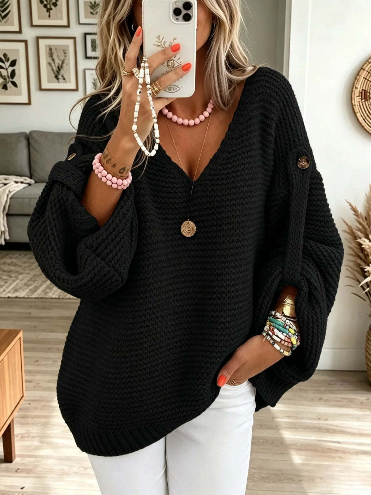 Women's Button V-Neck Knit Sweater