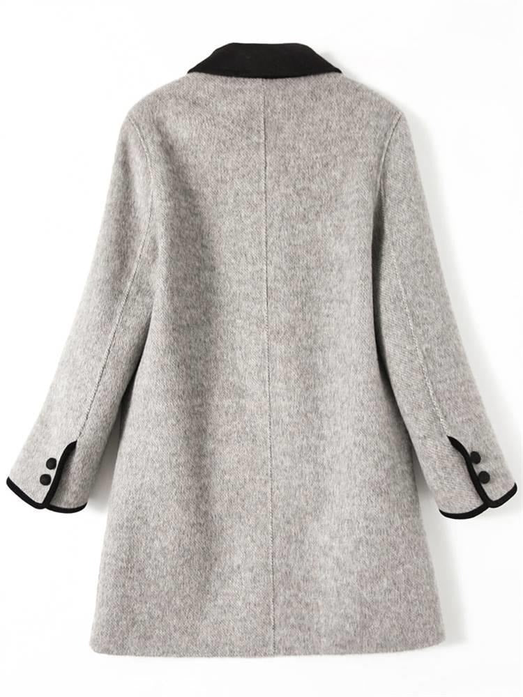 Contrast Trim Double Breasted Mid‑Length Wool Blend Coat Women