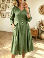 Women's V-Neck Button-Down Flap Pocket Linen Midi Dress