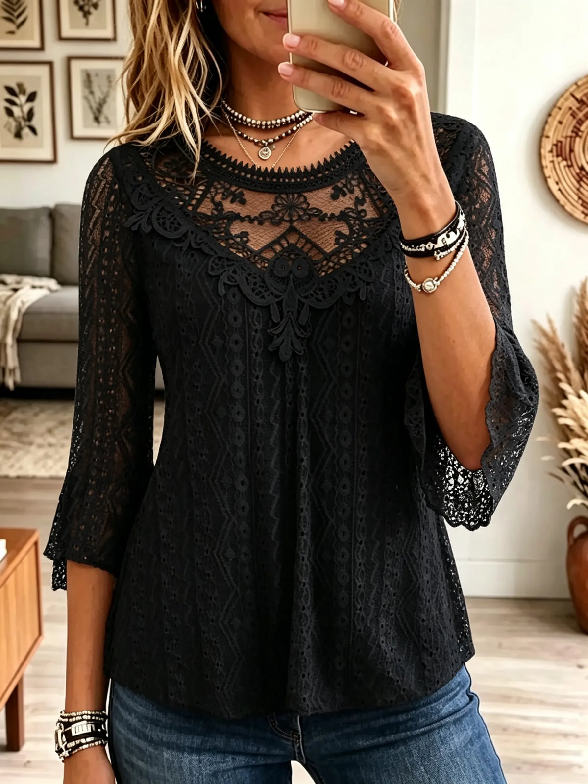 Women's Floral Crochet Lace Bell Sleeve Top