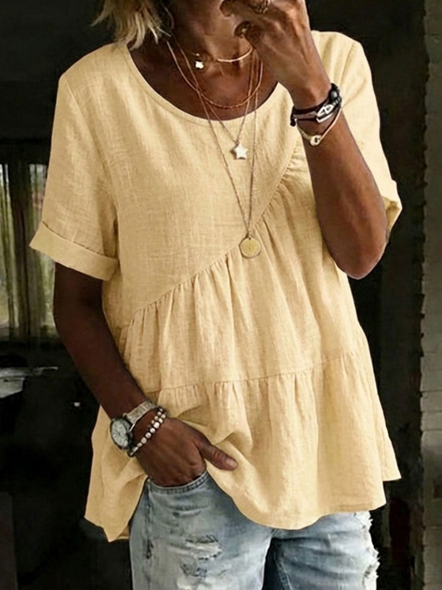 Women's Round Neck Cotton Linen Solid Color Loose Short-sleeved Shirt
