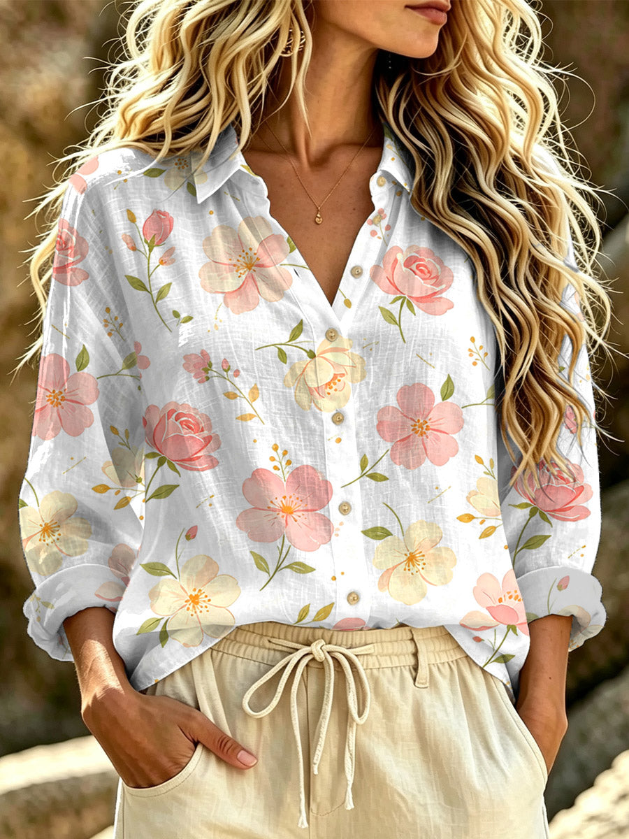 Women's Floral Pattern Art Print Casual Long Sleeve Lapel Linen Shirt
