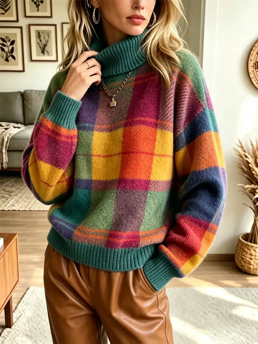 Retro Plaid Pattern Turtleneck Art Casual Stylish Long Sleeve Knit Sweater