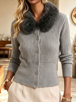 Women Button‑up Slim Fit Detachable Faux Fur Collar Ribbed Knit Cardigan Sweater