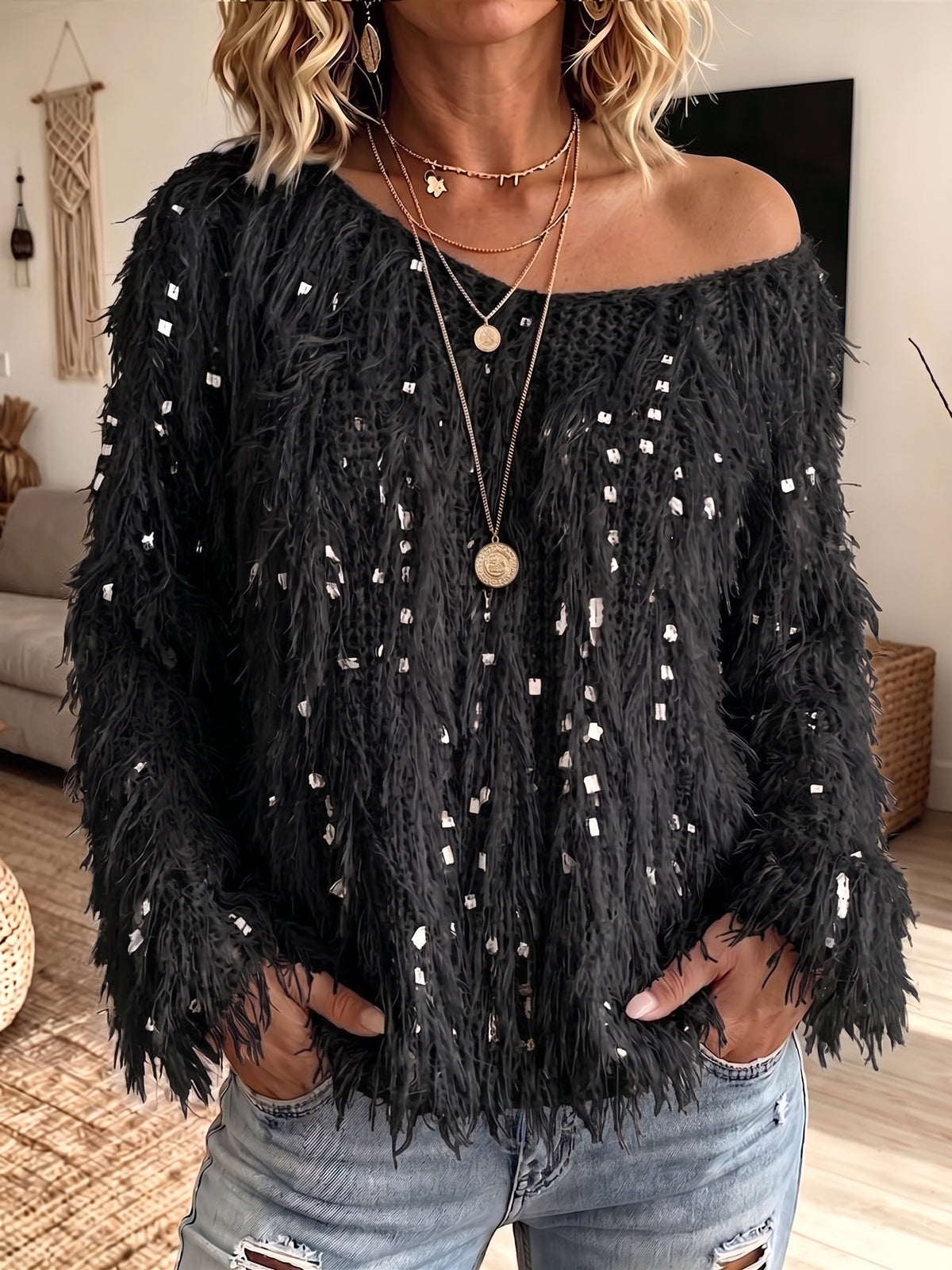 Women V‑Neck Shaggy Fuzzy Sequin Embellished Long Sleeve Knit Sweater
