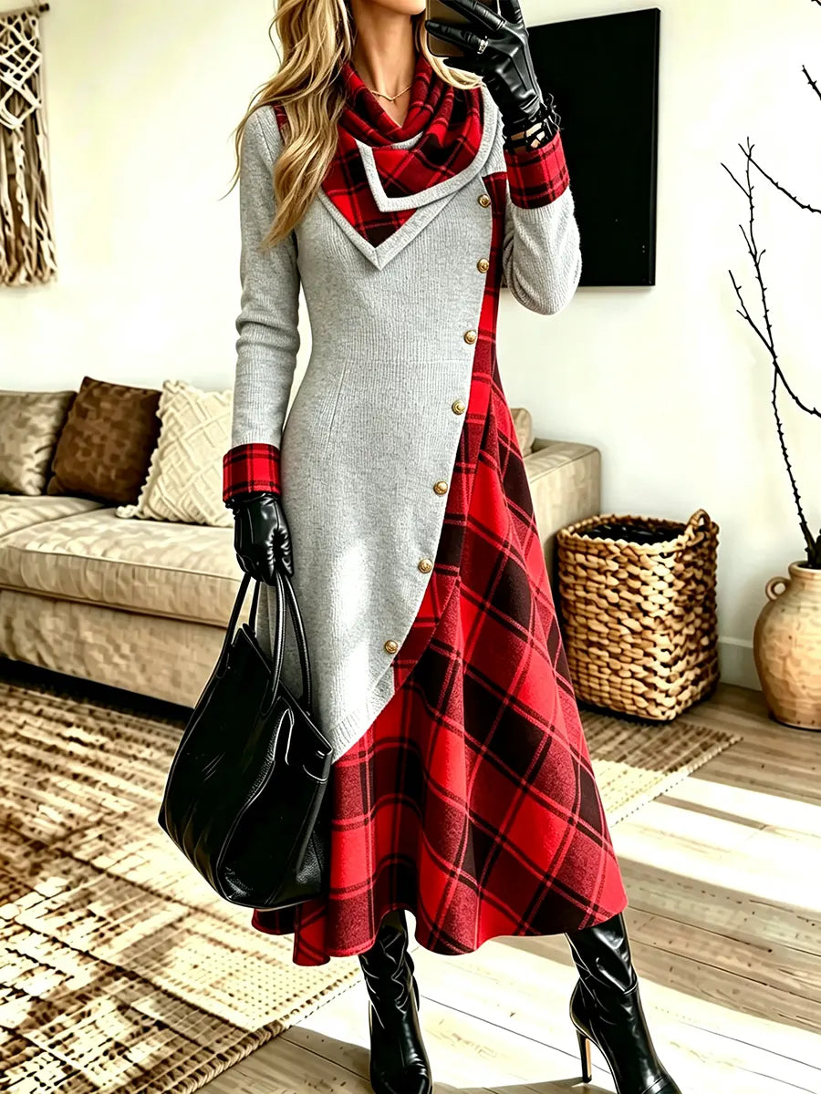Women's Plaid Patchwork With Buttons Pockets Ruffled Neck Long-sleeve Dress