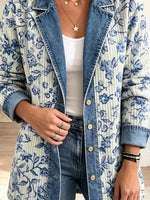 Retro Floral Pattern Art Casual Denim Patchwork Stylish Long Sleeve Coat