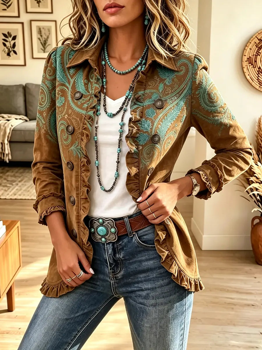 Retro Western Floral Pattern Art Print Ruffle Casual Stylish Button Lapel Coat