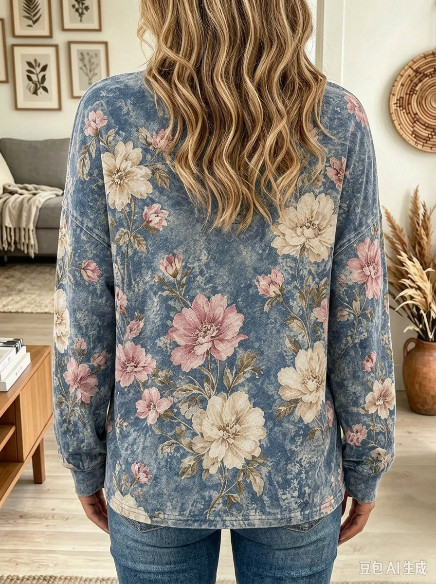 Vintage Floral Print Henley Long Sleeve Sweatshirt