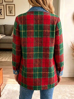 Women Lapel Button‑down Casual Plaid Denim Spliced Blazer Jacket Outerwear