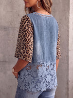 Vintage Elegant Denim Patchwork Hollowed Out Lace Leopard Print Shirt