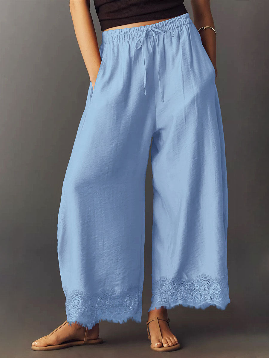 Women's Solid Color Lace Stylish Art Casaul Ice Silk Wide Leg Pants