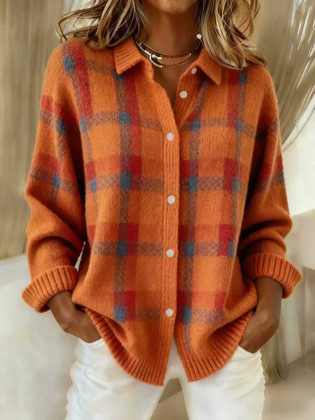 Women Loose Long Sleeve Plaid Collared Button‑front Knit Cardigan Sweater