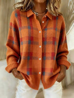 Women Loose Long Sleeve Plaid Collared Button‑front Knit Cardigan Sweater