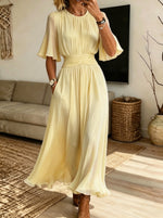 Women Pleated Waist Flare Sleeve Chiffon Maxi Dress With Pockets