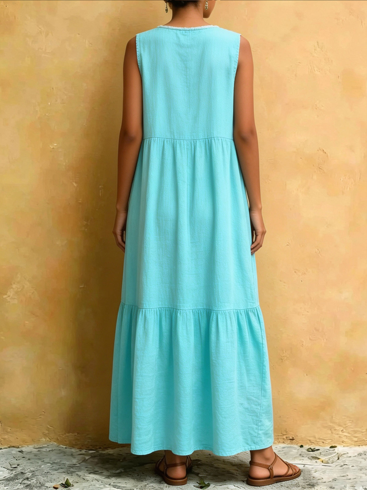 Women's Sleeveless Lace Trim Colorful Floral Embroidery Print Tiered Maxi Dress